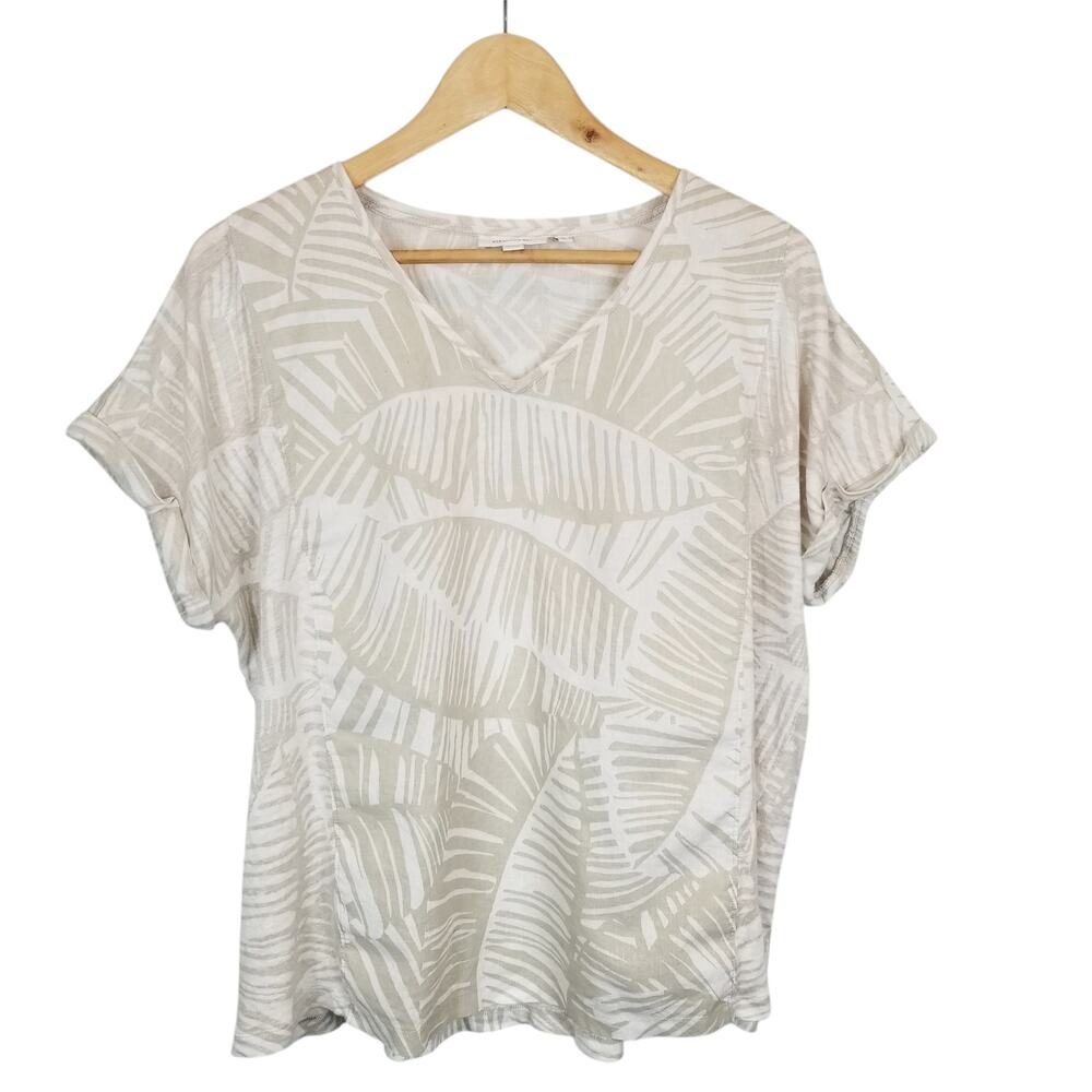 Chico's Women's Linen Palm Leaf Print Boxy Fit T-Shirt Top Tan White Size Large